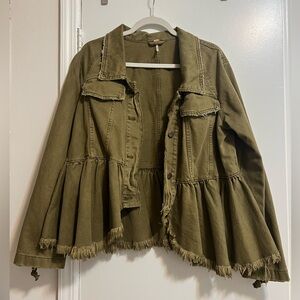 Army green ruffled Free People utility jacket with ties on sleeves
